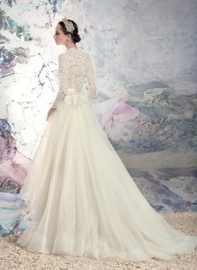 Style #1629, high neck lace blouse with elbow sleeves and high-low tulle skirt, available in white and ivory