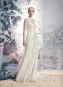 Style #1630Lab, lace and tulle sheath wedding dress, available in ivory + ivory, ivory + nude lining