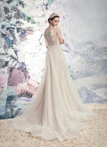 Style #1632L, tulle A-line wedding dress with floral appliques and satin belt, available in ivory+nude lining