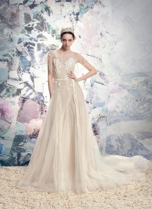 Style #1632L, tulle A-line wedding dress with floral appliques and satin belt, available in ivory+nude lining