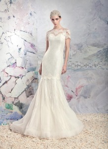 Style #1636Lab, mermaid lace wedding dress with beaded fringe, available in ivory