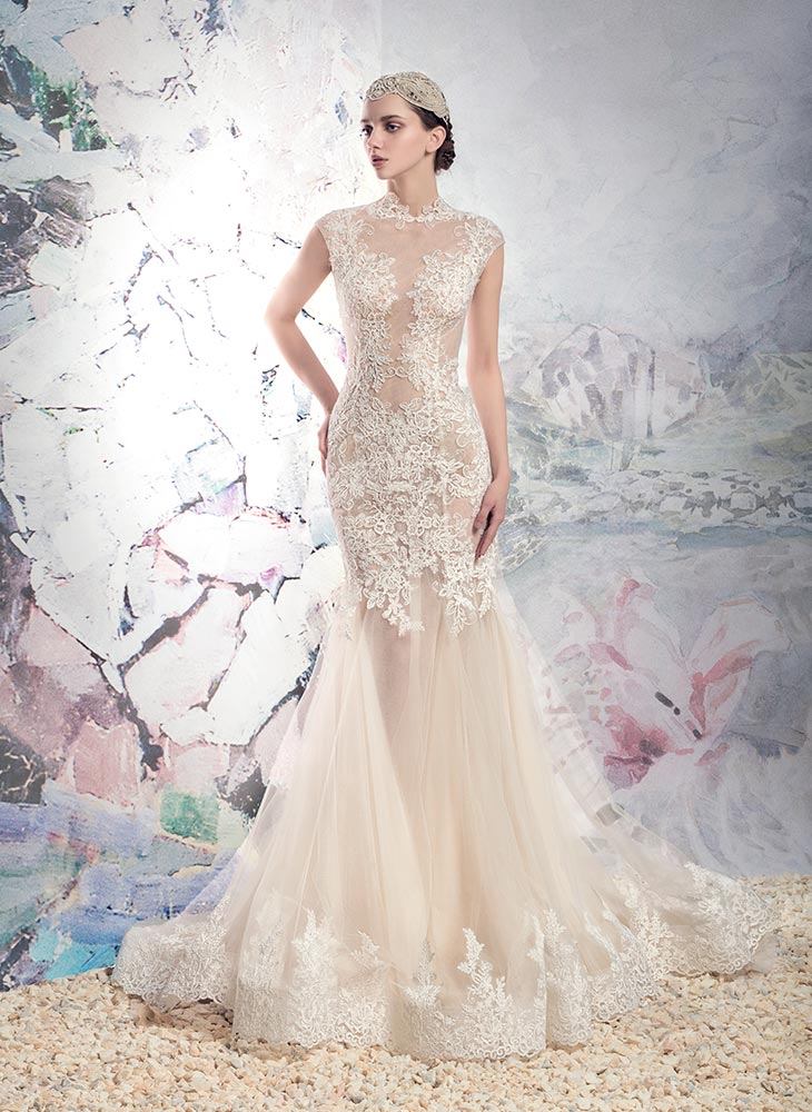 Style #1637L Premium, mermaid lace illusion wedding dress with tulle skirt, available in ivory + nude lining