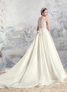 Style #1638L, a-line wedding dress with organza skirt and beaded lace bodice, available in cream