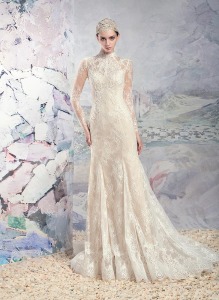 Style #1639L, high-neck fit and flare lace wedding gown, available in cream and ivory