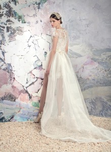 Style #1640, lace short wedding dress with separate high low organza skirt with train and lace cap sleeve blouse, available in ivory