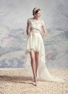 Style #1640, lace short wedding dress with separate high low organza skirt with train and lace cap sleeve blouse, available in ivory