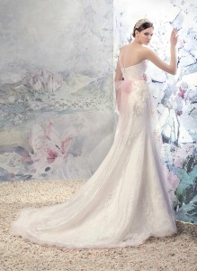 Style #1641L, lace fit and flare wedding gown with illusion neckline, available in ivory and ivory-pink