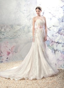 Style #1641L, lace fit and flare wedding gown with illusion neckline, available in ivory and ivory-pink