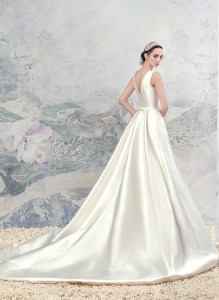 Style #1643L Premium, taffeta A-line wedding dress with side pockets and lace embroidery, available in ivory