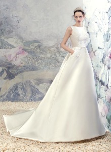 Style #1643L Premium, taffeta A-line wedding dress with side pockets and lace embroidery, available in ivory