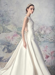 Style #1643L Premium, taffeta A-line wedding dress with side pockets and lace embroidery, available in ivory