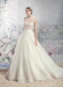 Style #1644L, organza A-line wedding gown with illusion lace bodice and lace trim on the skirt, available in white