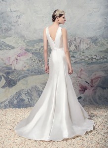 Style #1645L, taffeta plunging neckline fit and flare wedding dress, available in ivory