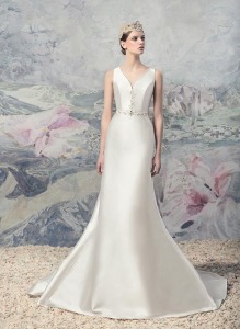 Style #1645L, taffeta plunging neckline fit and flare wedding dress, available in ivory