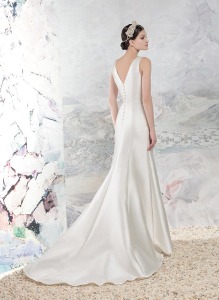 Style #1645L, taffeta plunging neckline fit and flare wedding dress, available in ivory