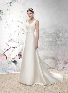 Style #1645L, taffeta plunging neckline fit and flare wedding dress, available in ivory