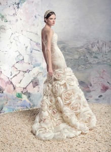 Style #1646 Premium, taffeta mermaid wedding dress with rosette skirt, available in ivory and ivory-pink
