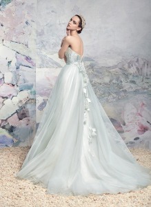 Style #1648L, tulle and taffeta ball gown wedding dress with floral detail, available in light blue, light pink, ivory