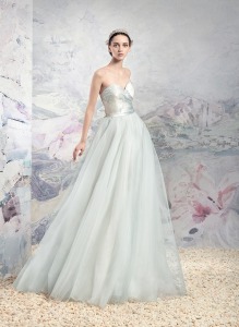 Style #1648L, tulle and taffeta ball gown wedding dress with floral detail, available in light blue, light pink, ivory