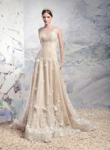 Style #1649L, A-line wedding gown with embroidery and 3-D floral appliques, available in white, ivory, champagne (photo)