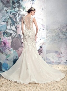 Style #1650L Danube, sequin lace mermaid wedding dress with sheer bodice, available in cream + nude lining and cream + cream lining