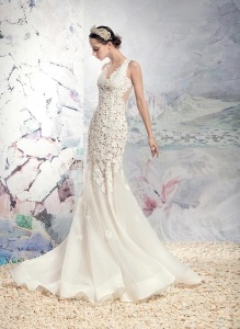 Style #1650L Danube, sequin lace mermaid wedding dress with sheer bodice, available in cream + nude lining and cream + cream lining