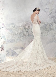 Style #1653aL, lace mermaid wedding dress with sheer bodice and illusion long sleeves, available in ivory