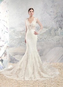 Style #1653aL, lace mermaid wedding dress with sheer bodice and illusion long sleeves, available in ivory