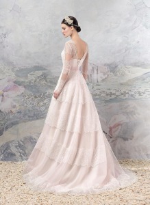 Style #1654, A-line lace wedding dress with handmade flower décor and illusion long sleeves, available in ivory, ivory-pink, white and white-pink