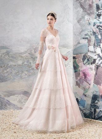 Style #1654, A-line lace wedding dress with handmade flower décor and illusion long sleeves, available in ivory, ivory-pink, white and white-pink