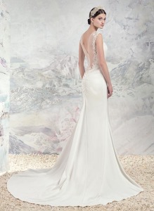 Style #1655Lab, fitted wedding dress with plunging neckline, illusion low back and lace appliques, available in ivory