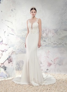Style #1655Lab, fitted wedding dress with plunging neckline, illusion low back and lace appliques, available in ivory