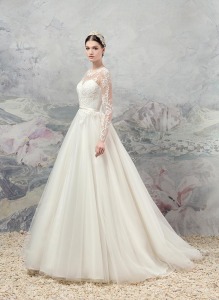 Style #1660, ball gown wedding dress with illusion lace neckline and sleeves, available in cream