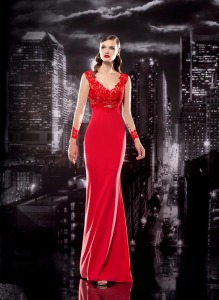Style #100, floor-length empire silk dress with long sleeves mesh lace on top and the cuff, available in red