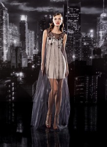 Style #101-a, short silk dress with sheer mesh with flower embroidery on the top, available in black, milk and nude