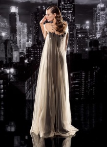 Style #101-b, floor-length silk dress with sheer mesh with flower embroidery on the top, available in black, milk and nude