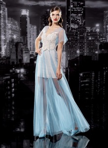 Style #104, fitted satin underlining dress with floor length mesh tulle overlay and embroidery on the top, available in cream-light blue and cream