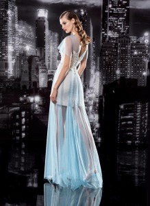 Style #104, fitted satin underlining dress with floor length mesh tulle overlay and embroidery on the top, available in cream-light blue and cream