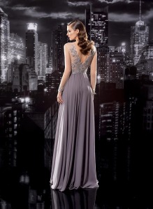 Style #105, floor length dress with a mesh long sleeve with embroidery on top and cuffs, chiffon skirt, available in grey, burgundy and cream
