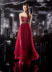 Style #105, floor length dress with a mesh long sleeve with embroidery on top and cuffs, chiffon skirt, available in grey, burgundy and cream