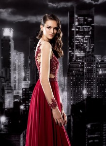 Style #105, floor length dress with a mesh long sleeve with embroidery on top and cuffs, chiffon skirt, available in grey, burgundy and cream