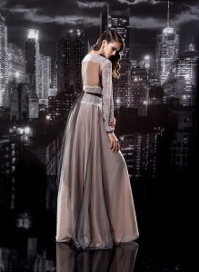 Style #106, long sleeves floor length dress with a v-neckline, lace sleeves to shoulders and waist, pleated fabric on the chest, organza skirt with silk lining, available in black-milk, milk and white
