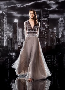 Style #106, long sleeves floor length dress with a v-neckline, lace sleeves to shoulders and waist, pleated fabric on the chest, organza skirt with silk lining, available in black-milk, milk and white