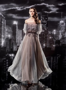 Style #107, off the shoulder floor length dress with bell sleeves, lace top to waist and organza skirt with silk underlining, available in black