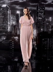 Style #108, floor length chiffon dress with short bell sleeves, v-neckline with flower embroidery and pleated chest, available in milk, white, cornflower-blue, mint, grey, yellow, green, red, black, lilac, pink, pink-ivory, peach, berry and cool blue