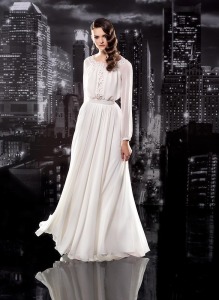 Style #109, long sleeves floor length dress with keyhole back, "T" shape embellishment to the waist, available in black, grey and milk