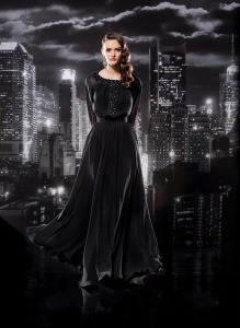 Style #109, long sleeves floor length dress with keyhole back, "T" shape embellishment to the waist, available in black, grey