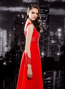 Style #111a, floor length (a) or midi (b) long sleeve mesh with "U" shape lace on top and cuffs, small piece of jewel on the waist and chiffon skirt, available in red