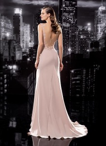 Style #113a, plunging neckline floor length dress with embellishments and mesh on top, small jewel to accentuate the waist, available in black, blue, milk, pink-ivory, green, light blue and red