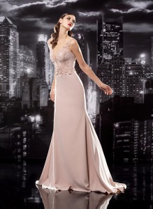 Style #113a, plunging neckline floor length dress with embellishments and mesh on top, small jewel to accentuate the waist, available in black, blue, milk, pink-ivory, green, light blue and red